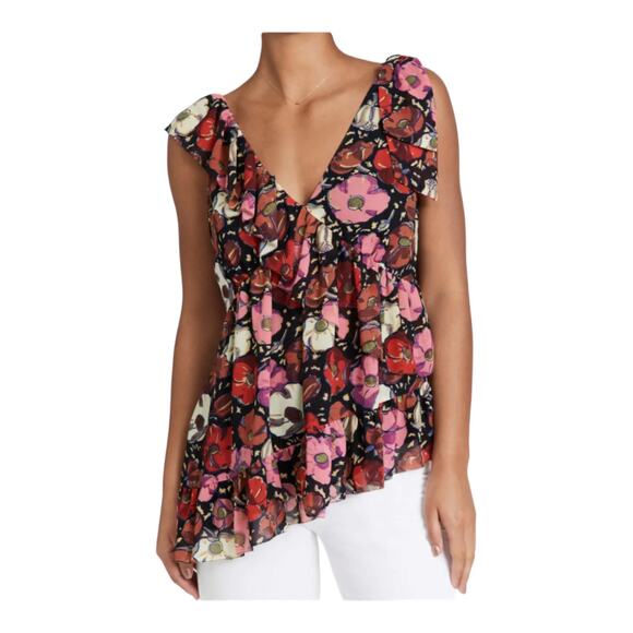 Cinq a Sept Top Naomi floral print ruffled asymmetrical v neck X-Small XS - Picture 1 of 5